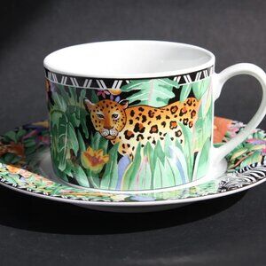 Vintage 1996 Sakura Porcelain Leopard cup and saucer Jungle colourful Sue Zipkin